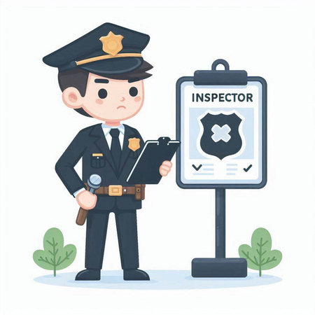 Police officer holding a clipboard and standing near the information board. Vector illustration.のイラスト素材