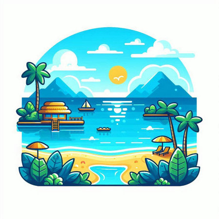 Tropical beach with palm trees and boats, vector illustration.のイラスト素材