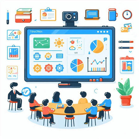 Teamwork and brainstorming concept. Business people working on computer screen. Vector illustration.のイラスト素材