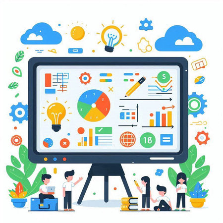 Flat design modern vector illustration concept of online education, e-learning, online training, webinar, course, webinar, video conference, meeting, seminar.のイラスト素材