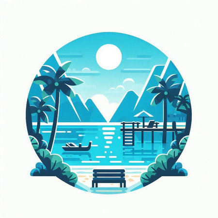 Tropical beach with palm trees and sun. Vector illustration.のイラスト素材