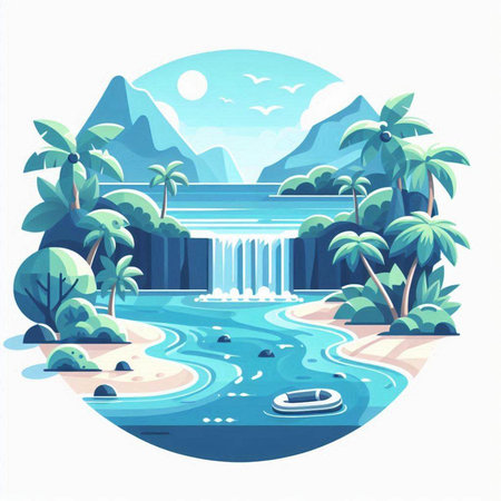 Waterfall in the tropical forest. Vector illustration in flat style.のイラスト素材
