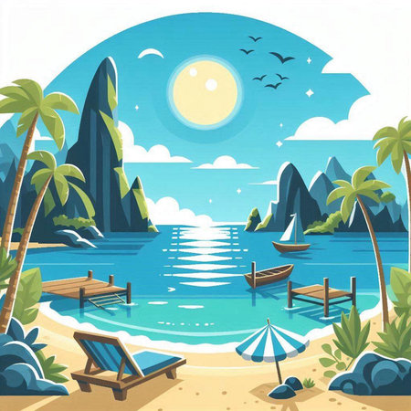 Beach with palm trees, sun and boats. Vector illustration.のイラスト素材