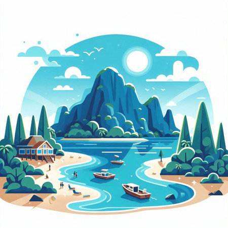 Landscape with mountains, river and boats. Vector cartoon illustration.のイラスト素材