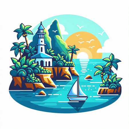 Seascape with island, lighthouse and sailboat. Flat vector illustration.のイラスト素材