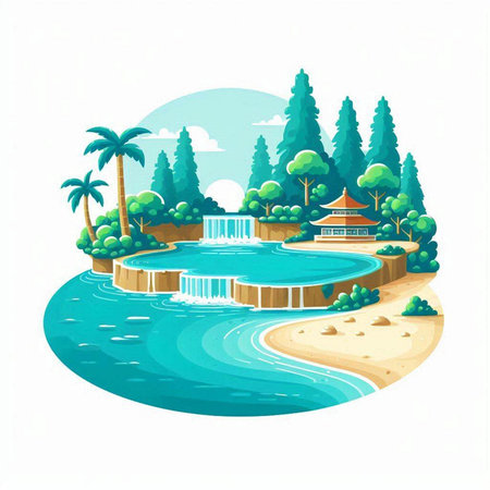 Tropical island with a pond and a pavilion. Vector illustration.のイラスト素材