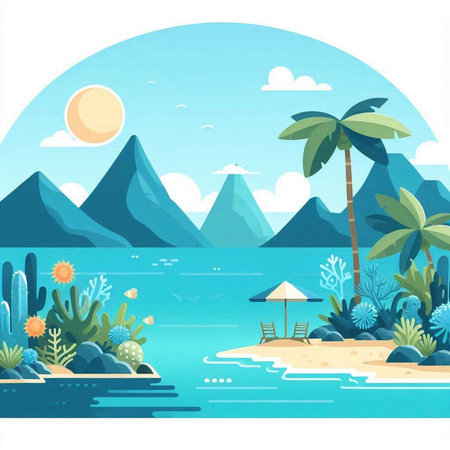 Tropical island with palm trees and sea. Vector illustration.のイラスト素材