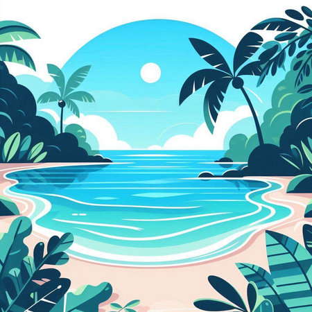 Tropical beach with palm trees and sea. Vector illustration.のイラスト素材