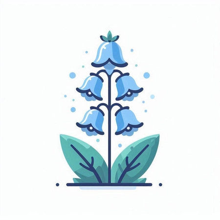 Blue bell flower with leaves. Vector illustration in flat linear style.のイラスト素材