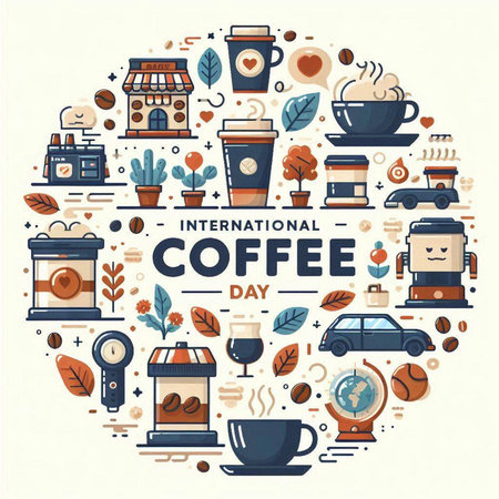 Coffee shop round composition with different types of coffee, vector illustrationのイラスト素材