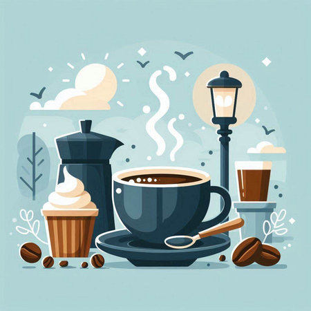 Coffee in a cup, coffee pot, coffee beans, street lamp. Vector illustrationのイラスト素材