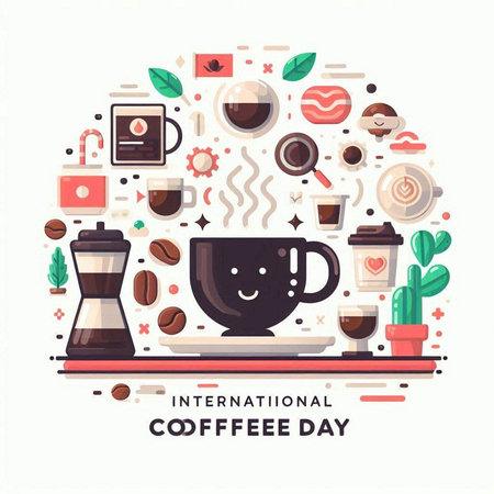 International Coffee Day. Vector illustration in flat style on white background.のイラスト素材