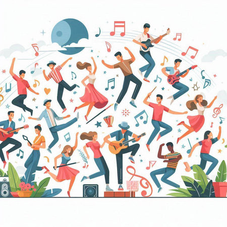 Music background with people dancing and playing musical instruments. Vector illustration.のイラスト素材