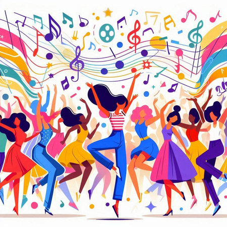 Crowd of young people dancing and having fun. Vector illustration.のイラスト素材