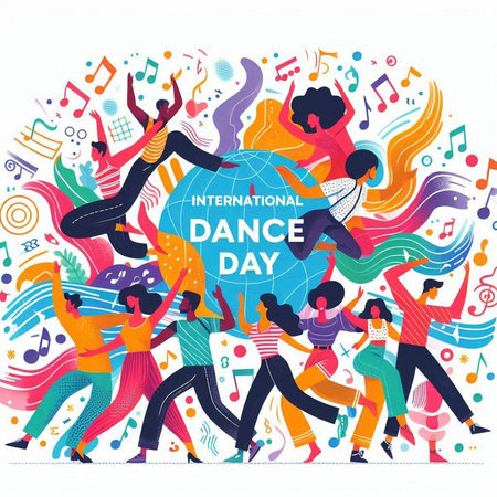 International Day of Dance. Group of dancing people. Vector illustration.のイラスト素材