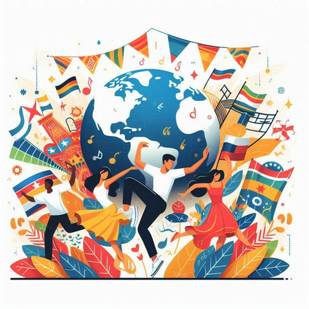 Happy people dancing around the world. Vector illustration in flat style.のイラスト素材