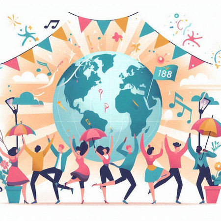 Happy people dancing and holding umbrellas around the world. Vector illustration.のイラスト素材