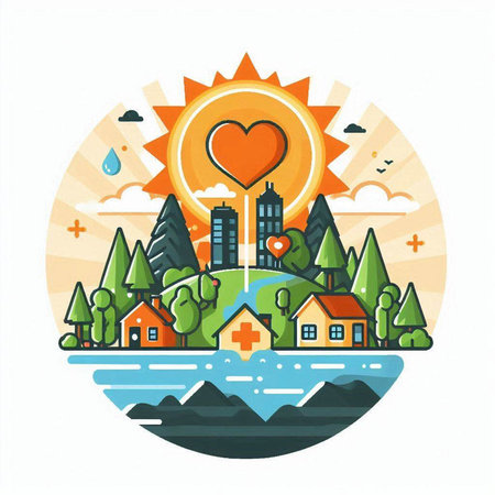 Vector illustration of eco friendly city in flat style with sun, forest, mountains, lake, house. Eco friendly concept.のイラスト素材