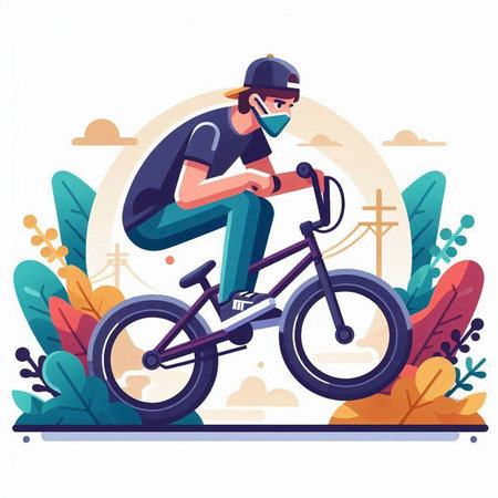Cyclist riding a bicycle in the park. Vector illustration.のイラスト素材