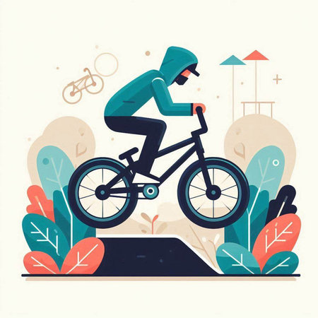 Cyclist in the park. Flat style vector illustration on white background.のイラスト素材