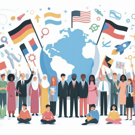 People with flags and symbols of countries around the world. Vector illustrationのイラスト素材