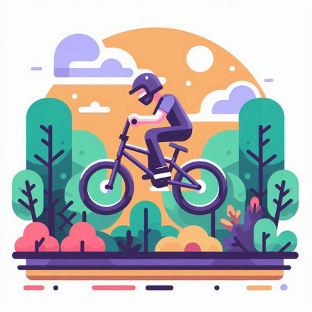 Cyclist riding a bike in the park. Flat vector illustration.のイラスト素材