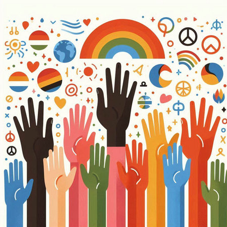 Hands of diverse people holding hands in the air. Colorful illustration.のイラスト素材