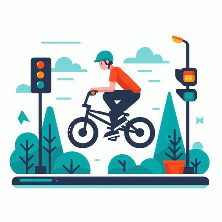 Cyclist riding bike on road in city, flat vector illustration.のイラスト素材