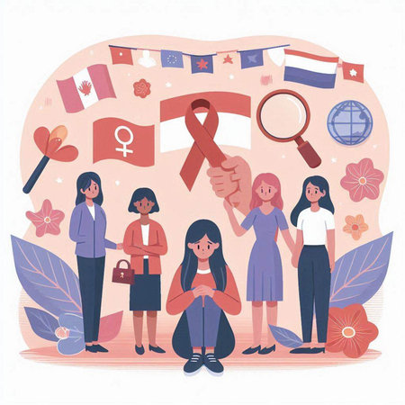 Women with different national symbols. Feminism concept. Vector illustration.のイラスト素材