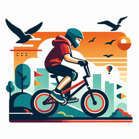 Cyclist on the background of the city. Vector illustration.のイラスト素材