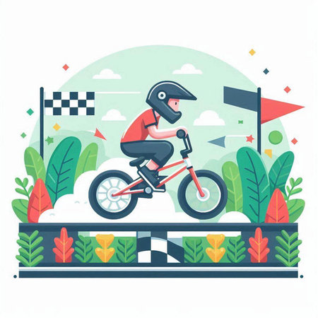Cyclist in helmet riding a bike on the road. Flat vector illustration.のイラスト素材