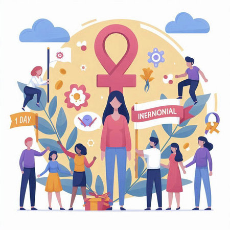 International Women's Day concept. Group of women and men with awareness ribbon. Vector illustrationのイラスト素材