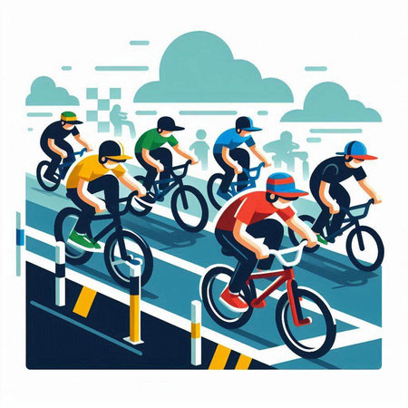 Cyclists on the bike race. Flat design vector illustration.のイラスト素材