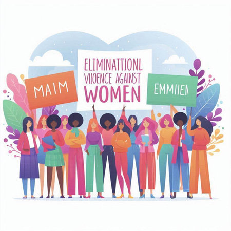 Women holding placards. International Women's Day. Vector illustration.のイラスト素材