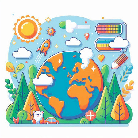 Vector illustration of planet earth with different icons on white background. Cartoon styleのイラスト素材