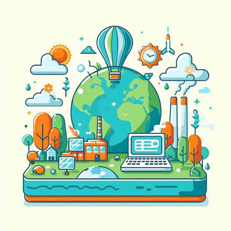 Ecology concept. Vector illustration in flat design style with green planet and cityscape.のイラスト素材