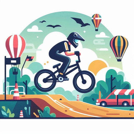 Cyclist riding bicycle on the road. Vector illustration in flat styleのイラスト素材