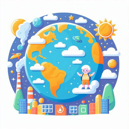 Vector illustration of a little girl on the background of the planet.のイラスト素材