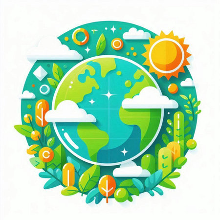 Ecology concept. Green planet with leaves and sun. Vector illustrationのイラスト素材