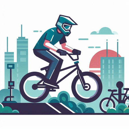 Cyclist in helmet riding bicycle on city street vector illustration.のイラスト素材
