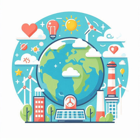 Ecology concept. Flat design vector illustration. Earth planet, windmills, solar panels, wind turbines, windmills, sun, hearts.のイラスト素材