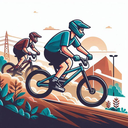 Cyclist riding on the road. Vector illustration in retro style.のイラスト素材