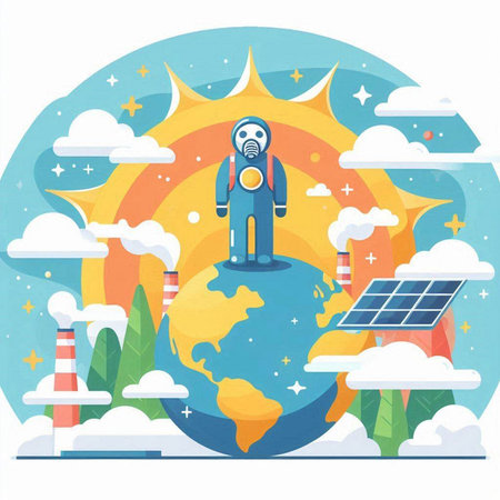 Astronaut with solar panels and planet Earth. Vector illustration.のイラスト素材