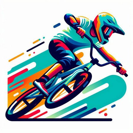 Vector illustration of a cyclist in a helmet riding on a bicycle.のイラスト素材