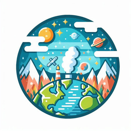 Planet earth with planets, stars and satellite. Vector illustration in flat styleのイラスト素材