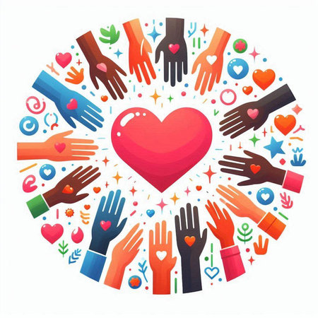 Volunteer concept with hands around red heart. Vector illustration.のイラスト素材
