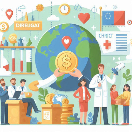 Medical and healthcare concept with doctors, scientist, scientist, laboratory assistant, doctor, microscope, globe. Vector illustration in flat styleのイラスト素材