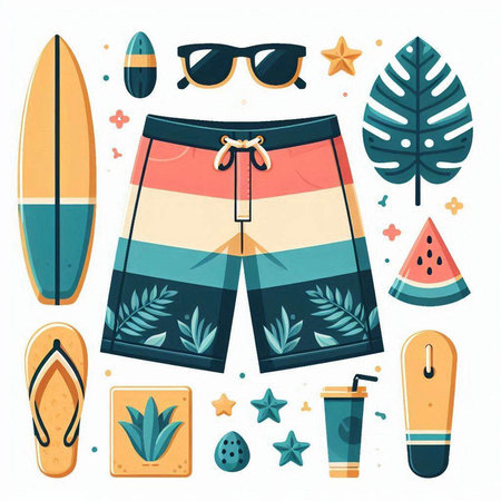 Vector set of summer beach elements. Sunglasses, surfboard, starfish, palm leaves, watermelon, flip flops.のイラスト素材