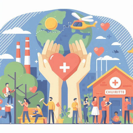 World Health Day concept with people holding heart. Flat vector illustration.のイラスト素材
