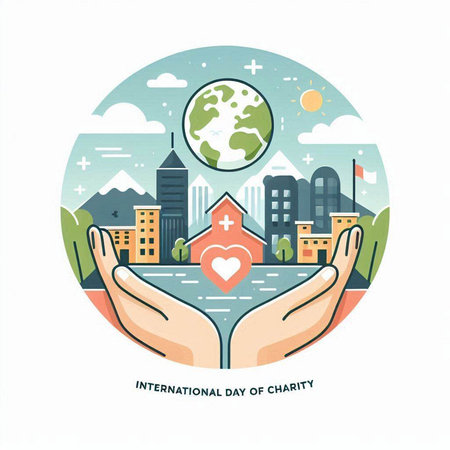 International Day of Charity. Vector illustration in flat style with planet earth and hands.のイラスト素材